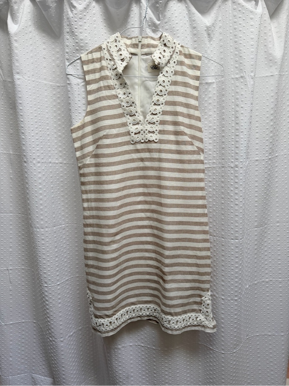 Eliza J Beige and White Striped Lace-Trim Mini Dress